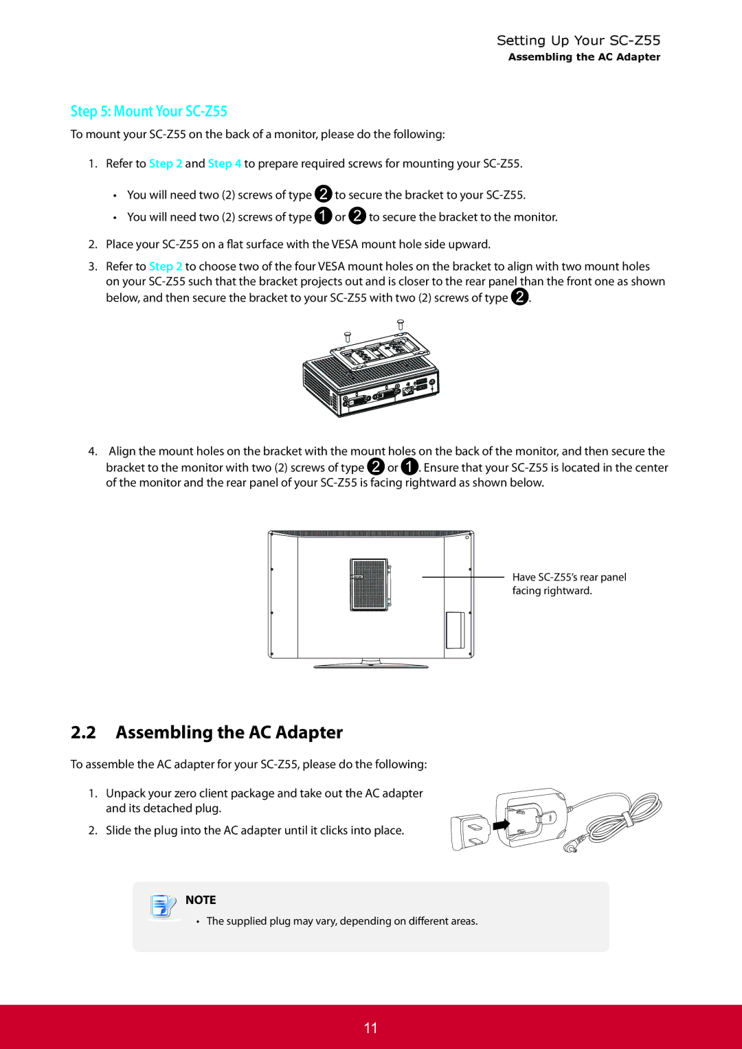 ViewSonic SCZ55BKUS0 manual Assembling the AC Adapter, Mount Your SC-Z55 