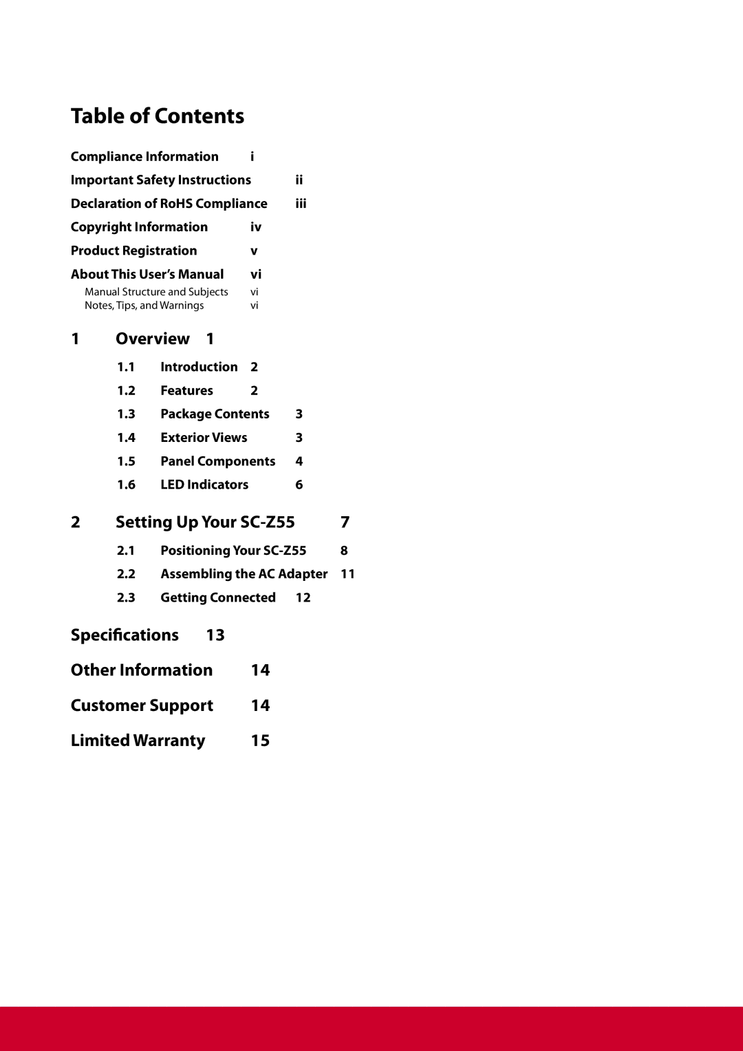 ViewSonic SCZ55BKUS0 manual Table of Contents 