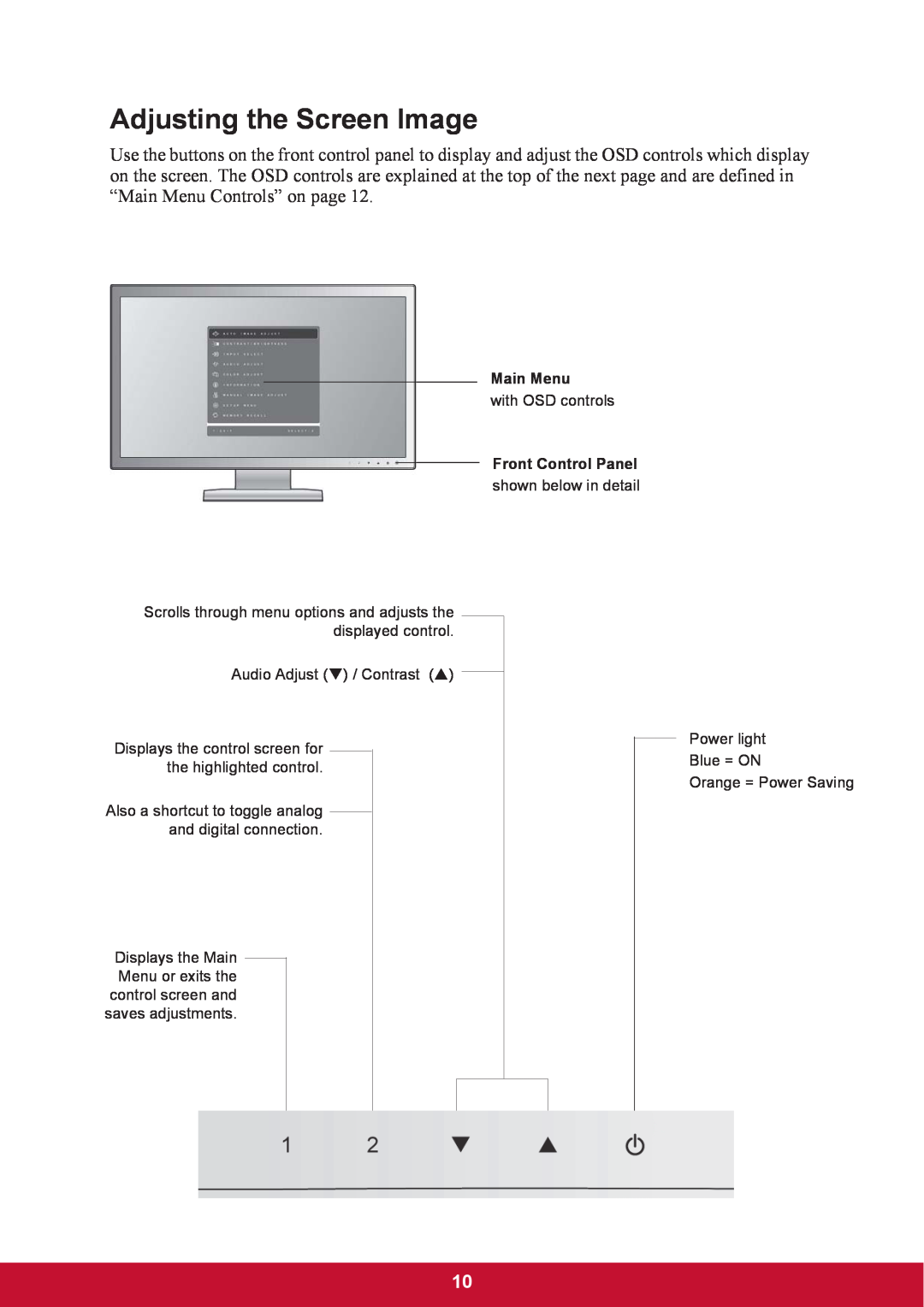 ViewSonic TD2220 warranty Adjusting the Screen Image, Main Menu, Front Control Panel 