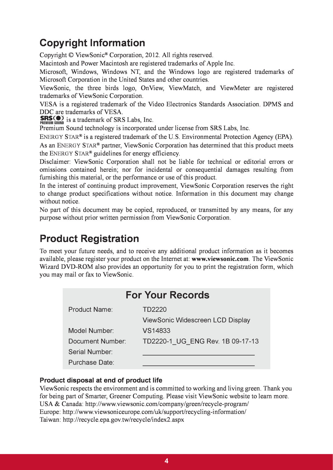 ViewSonic TD2220 Copyright Information, Product Registration, For Your Records, Product disposal at end of product life 