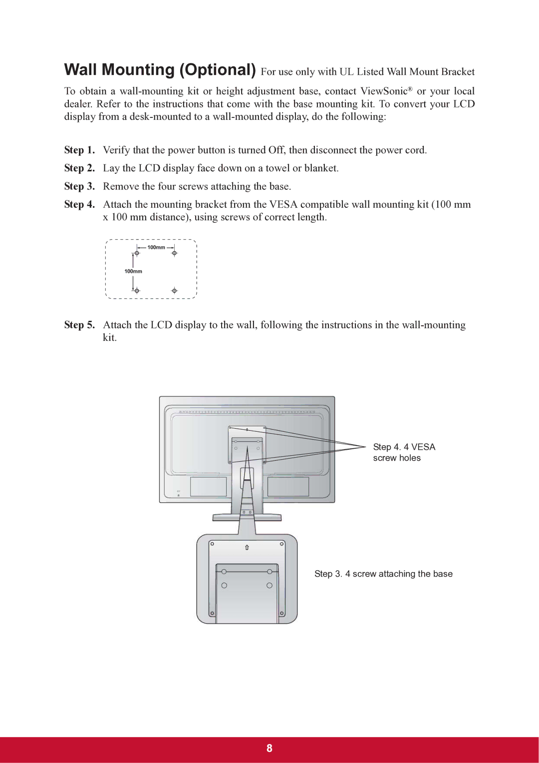 ViewSonic TD2220 warranty Vesa screw holes Screw attaching the base 