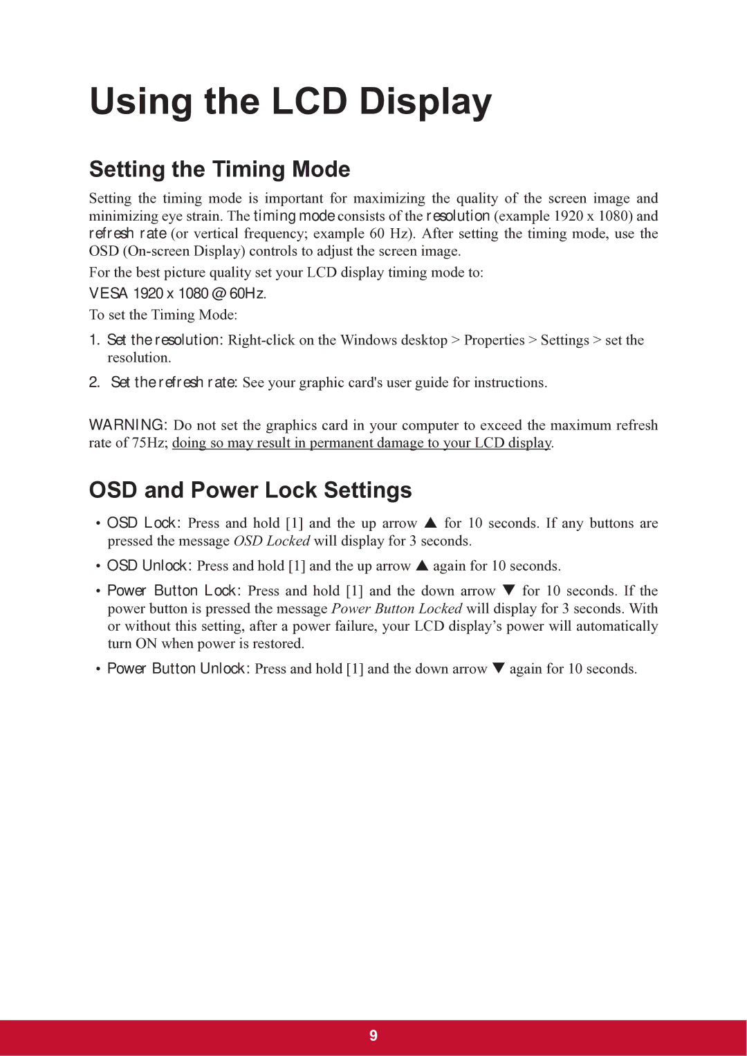 ViewSonic TD2220 warranty Setting the Timing Mode, OSD and Power Lock Settings, Vesa 1920 x 1080 @ 60Hz 