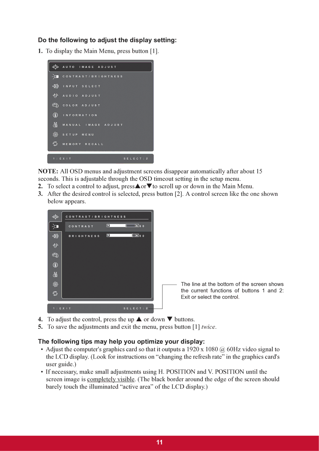 ViewSonic TD2220 warranty Do the following to adjust the display setting, Following tips may help you optimize your display 