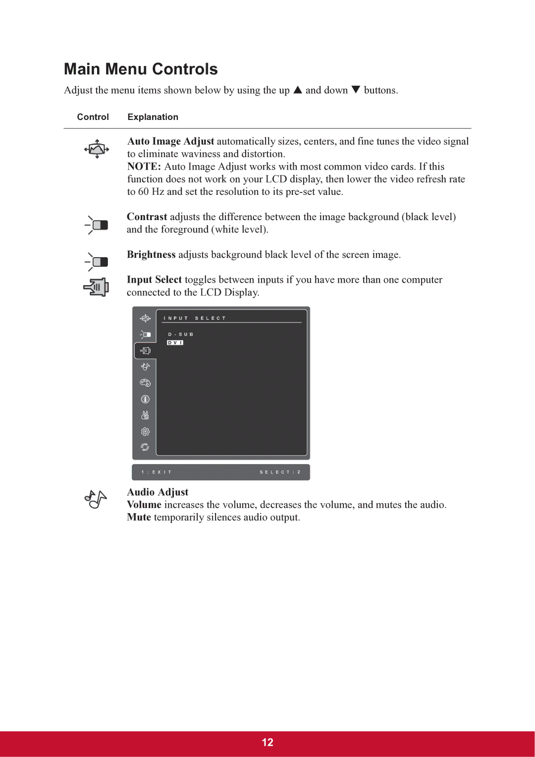 ViewSonic TD2220 warranty Main Menu Controls, Audio Adjust 