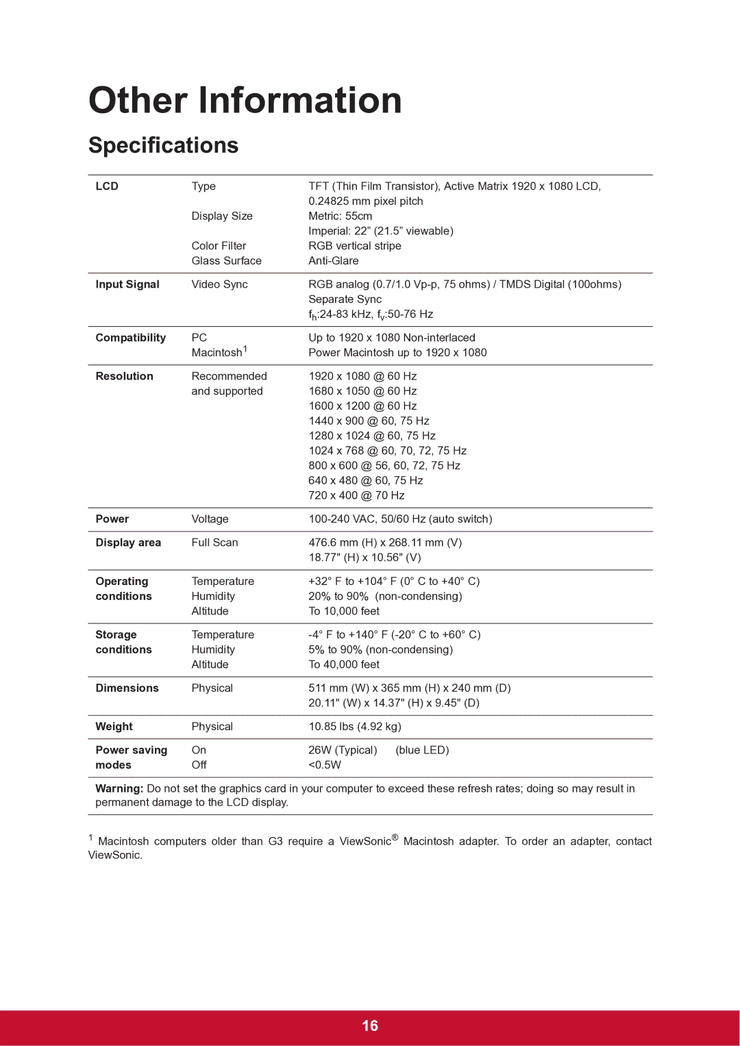 ViewSonic TD2220 warranty Other Information, Specifications 