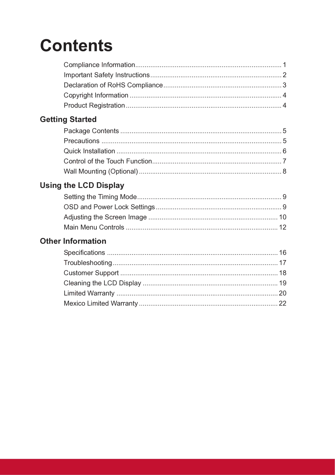 ViewSonic TD2220 warranty Contents 