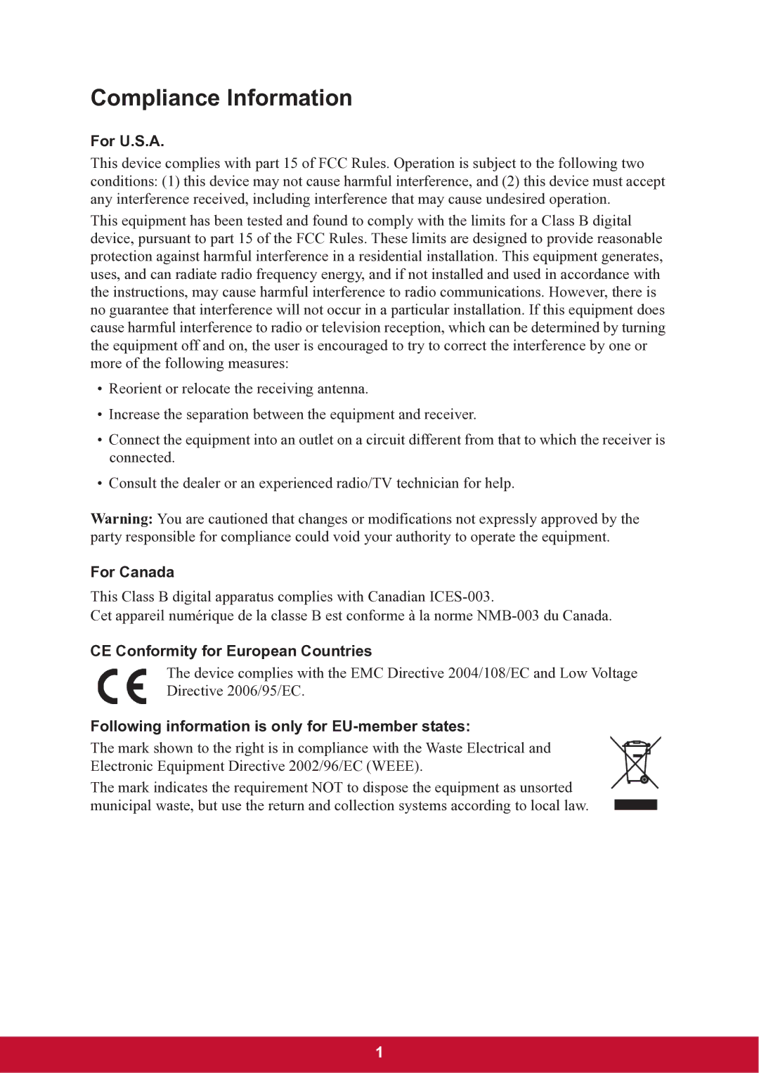 ViewSonic TD2220 warranty Compliance Information, For U.S.A, For Canada, CE Conformity for European Countries 