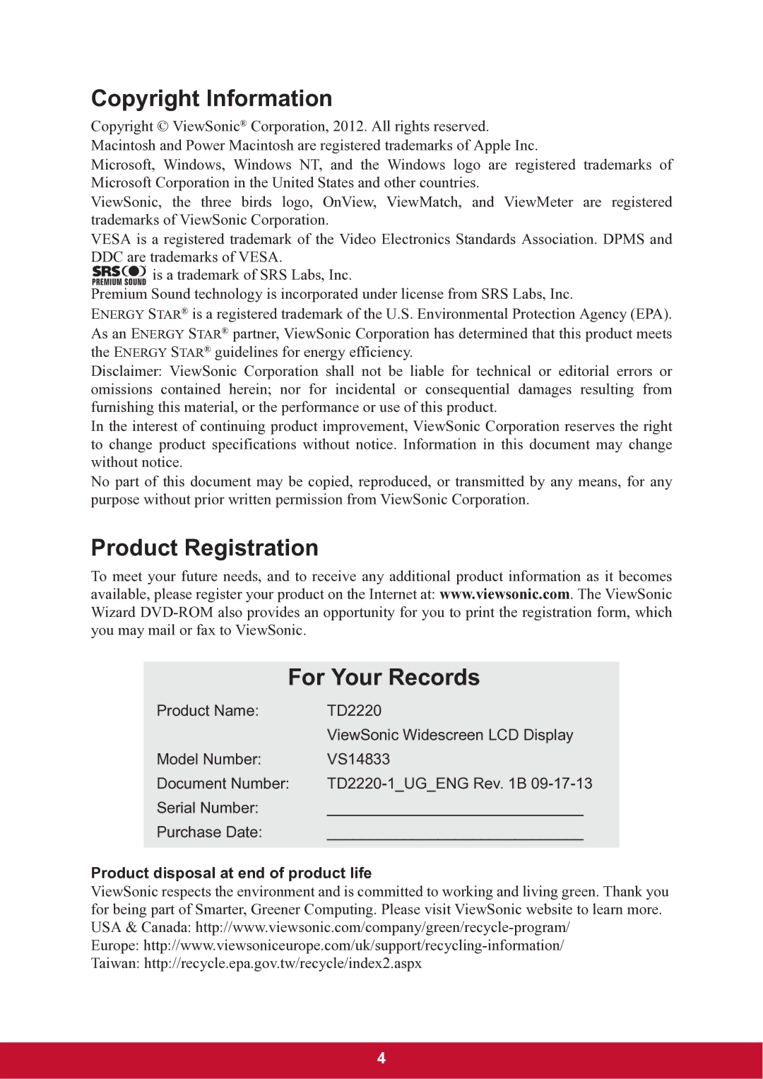 ViewSonic TD2220 Copyright Information, Product Registration For Your Records, Product disposal at end of product life 