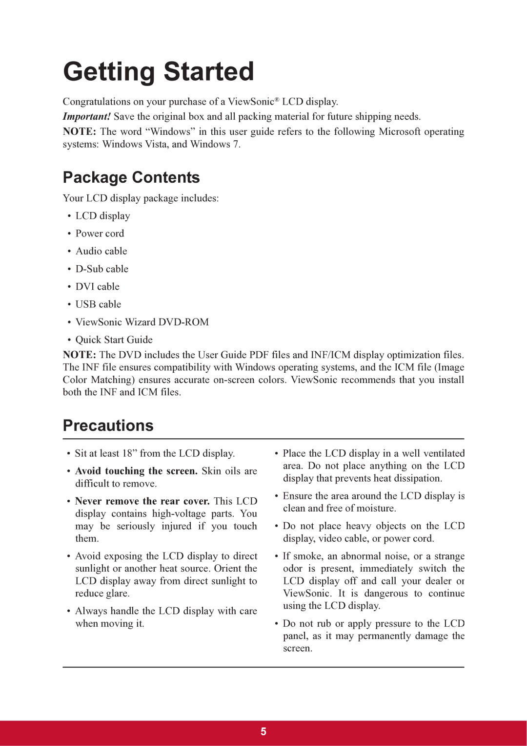 ViewSonic TD2220 warranty Package Contents, Precautions 