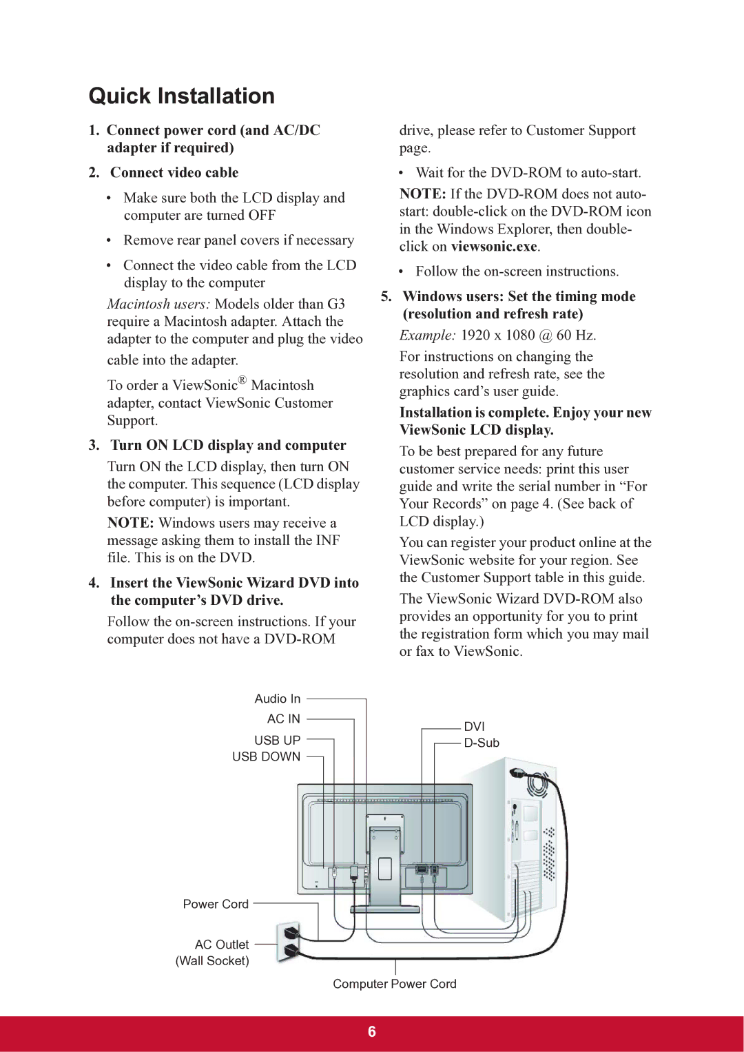 ViewSonic TD2220 warranty Quick Installation, Turn on LCD display and computer 