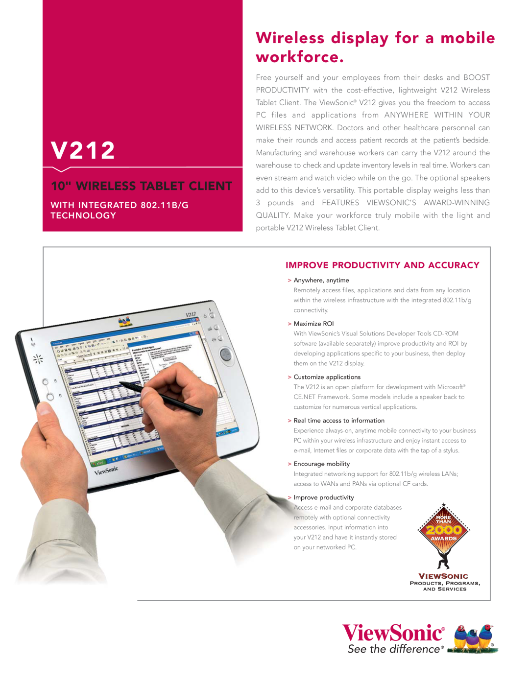 ViewSonic V212 manual Wireless display for a mobile workforce, Wireless Tablet Client, Improve Productivity And Accuracy 