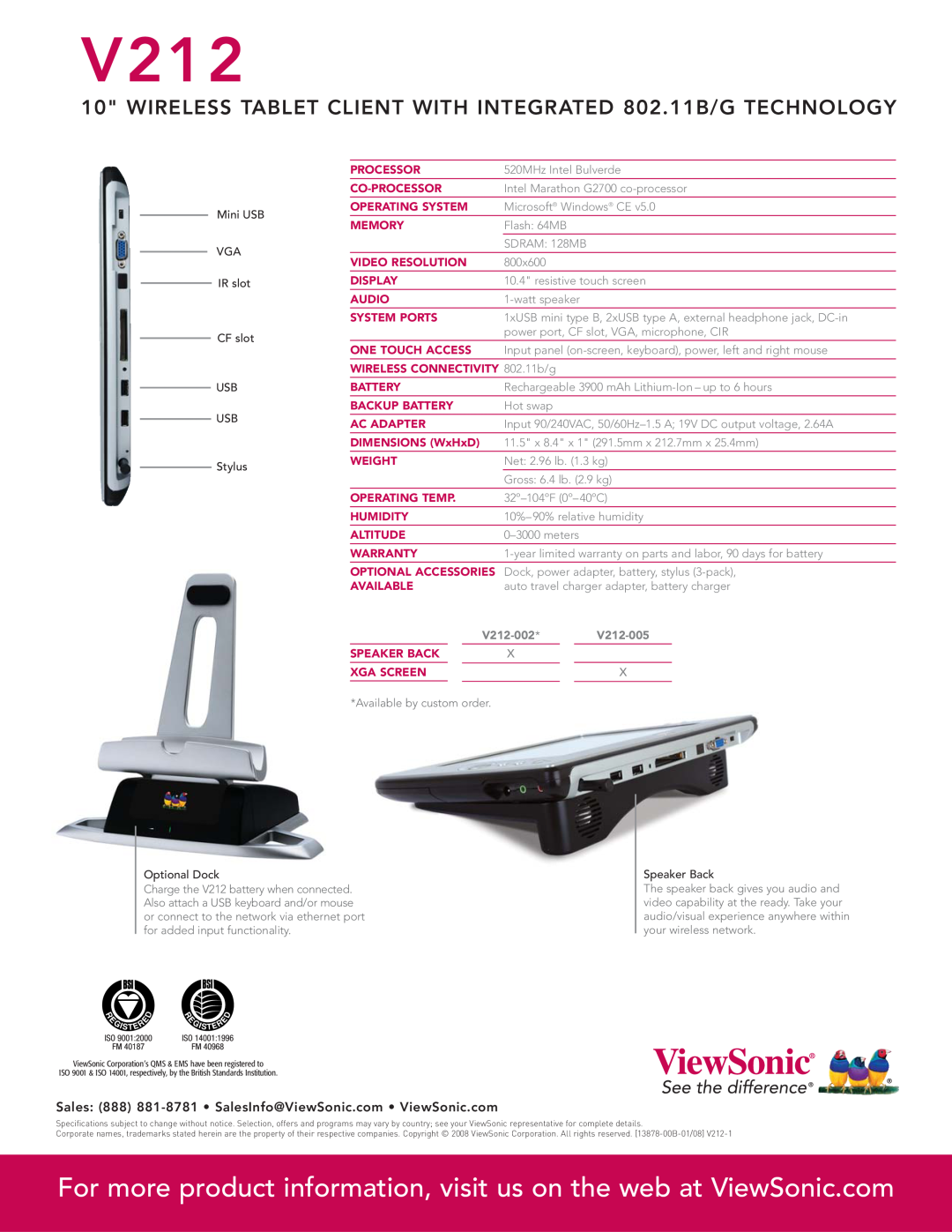 ViewSonic manual Mini USB VGA IR slot CF slot USB USB Stylus, V212-002, V212-005, Optional Dock, Speaker Back 