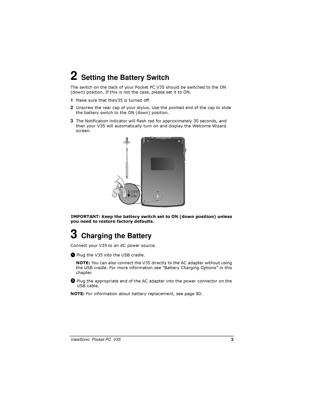 ViewSonic V35 manual Setting the Battery Switch, Charging the Battery 