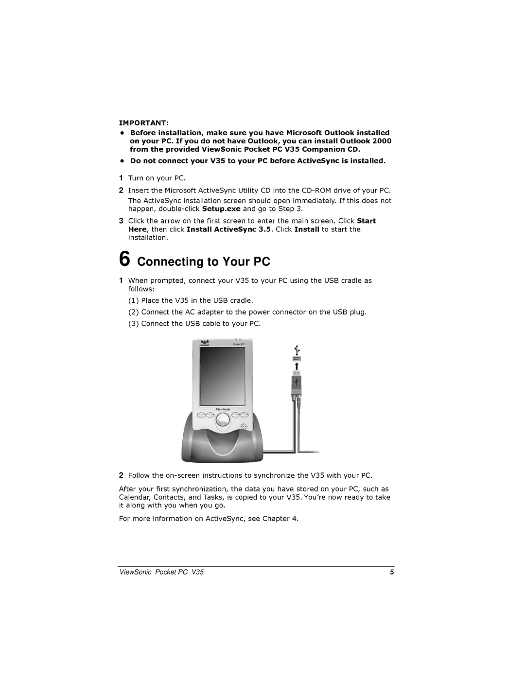 ViewSonic V35 manual Connecting to Your PC 