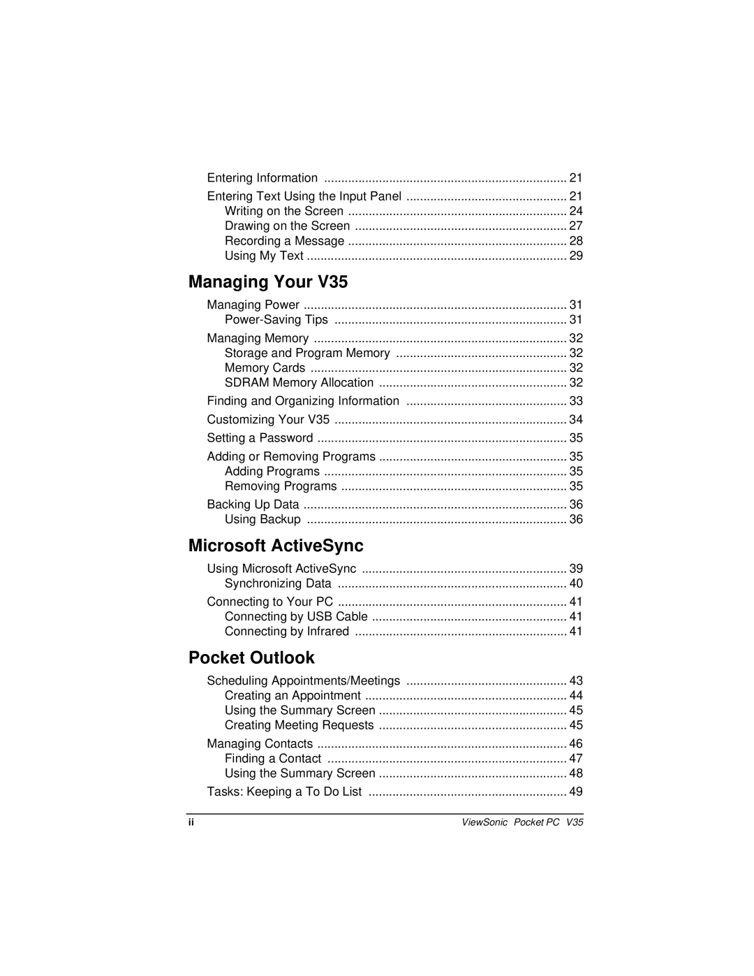 ViewSonic V35 manual Managing Your, Microsoft ActiveSync, Pocket Outlook 