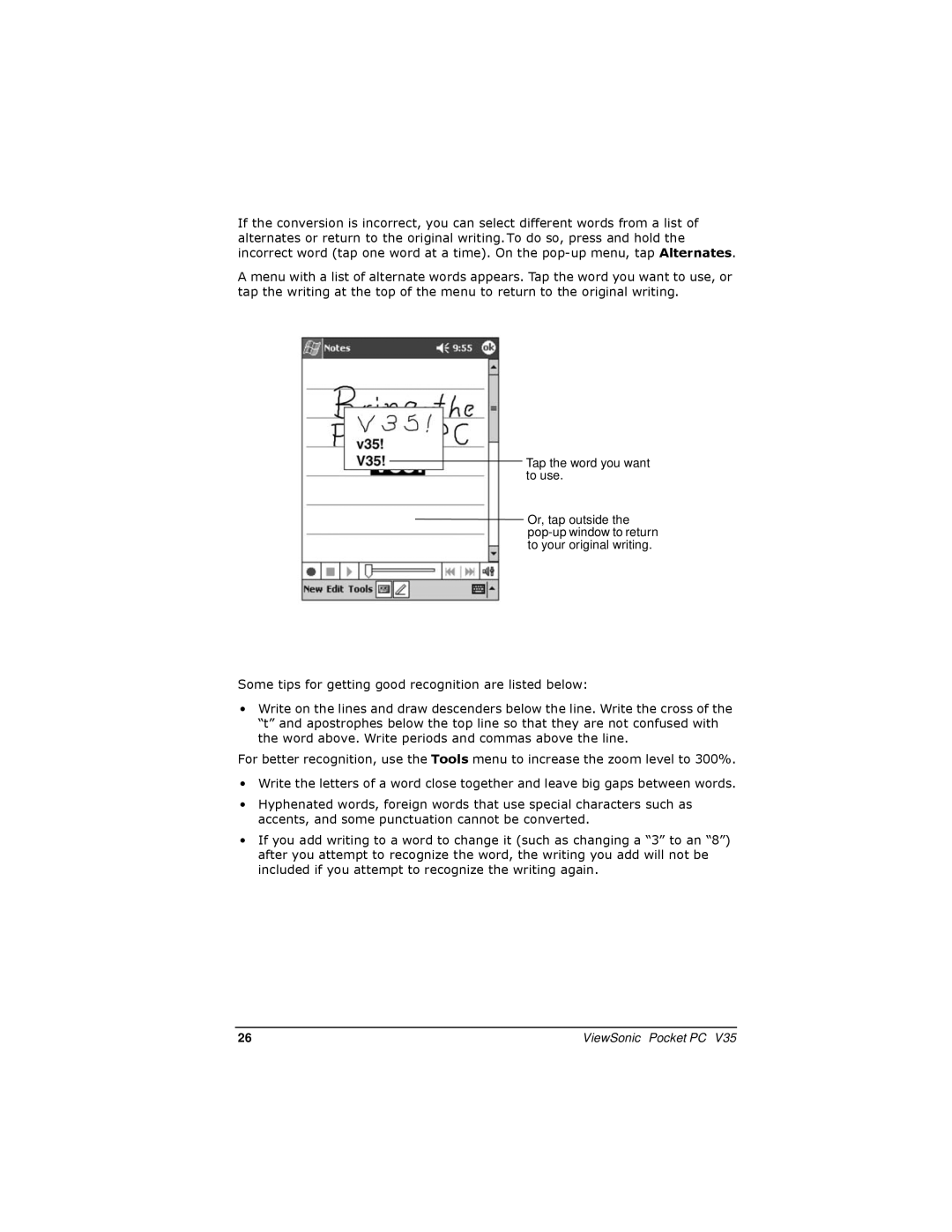 ViewSonic V35 manual Some tips for getting good recognition are listed below 