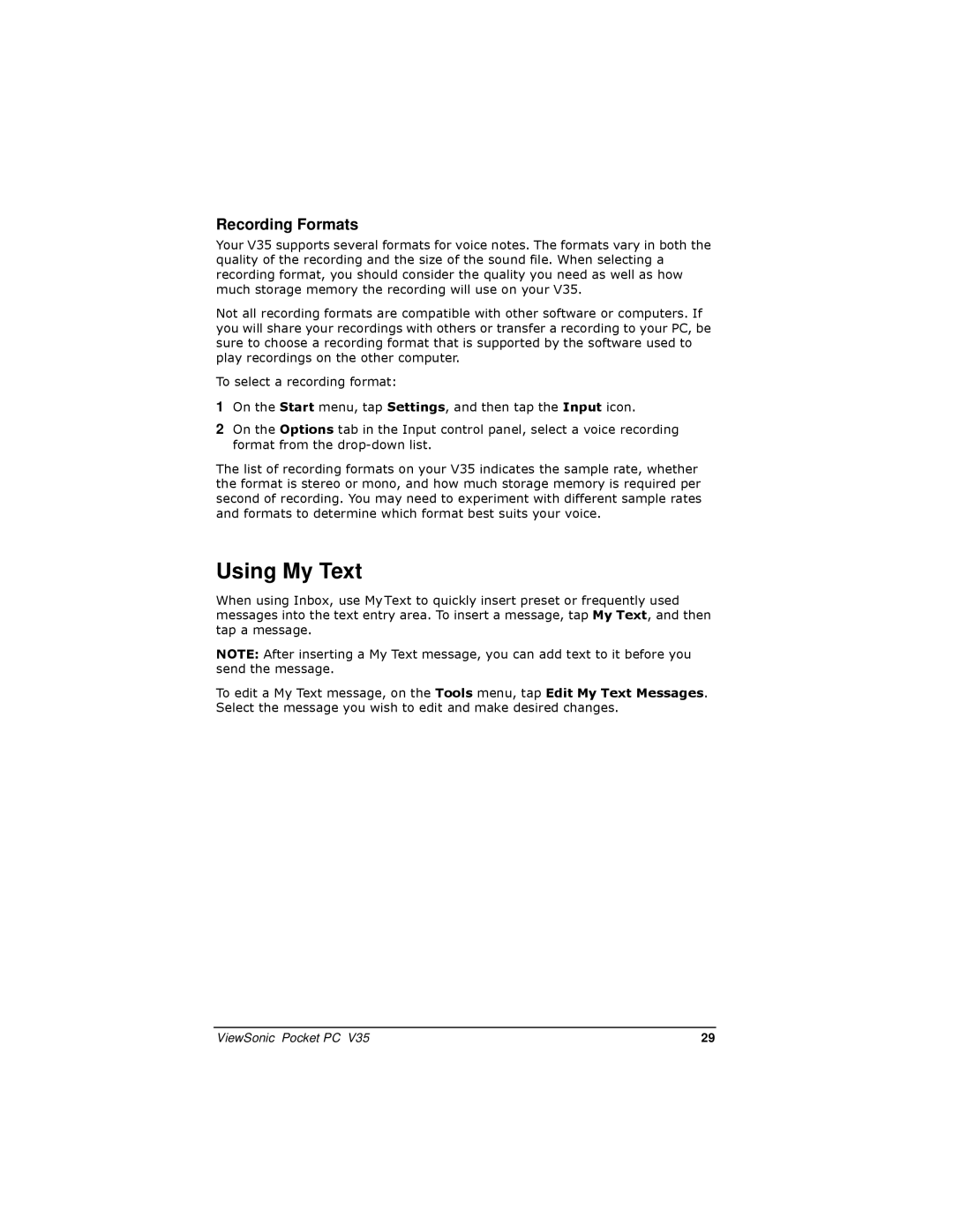 ViewSonic V35 manual Using My Text, Recording Formats 