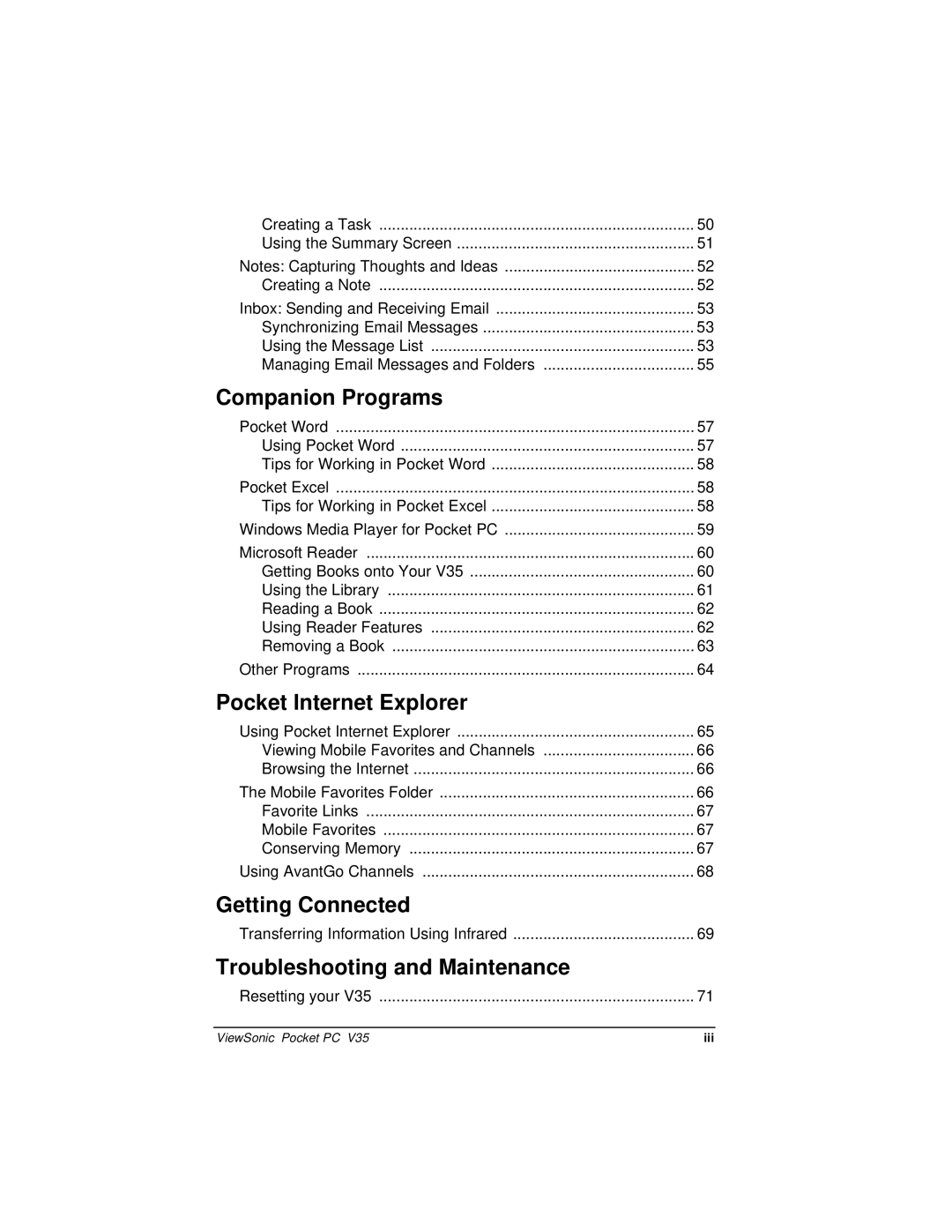 ViewSonic V35 manual Companion Programs, Pocket Internet Explorer, Getting Connected, Troubleshooting and Maintenance 