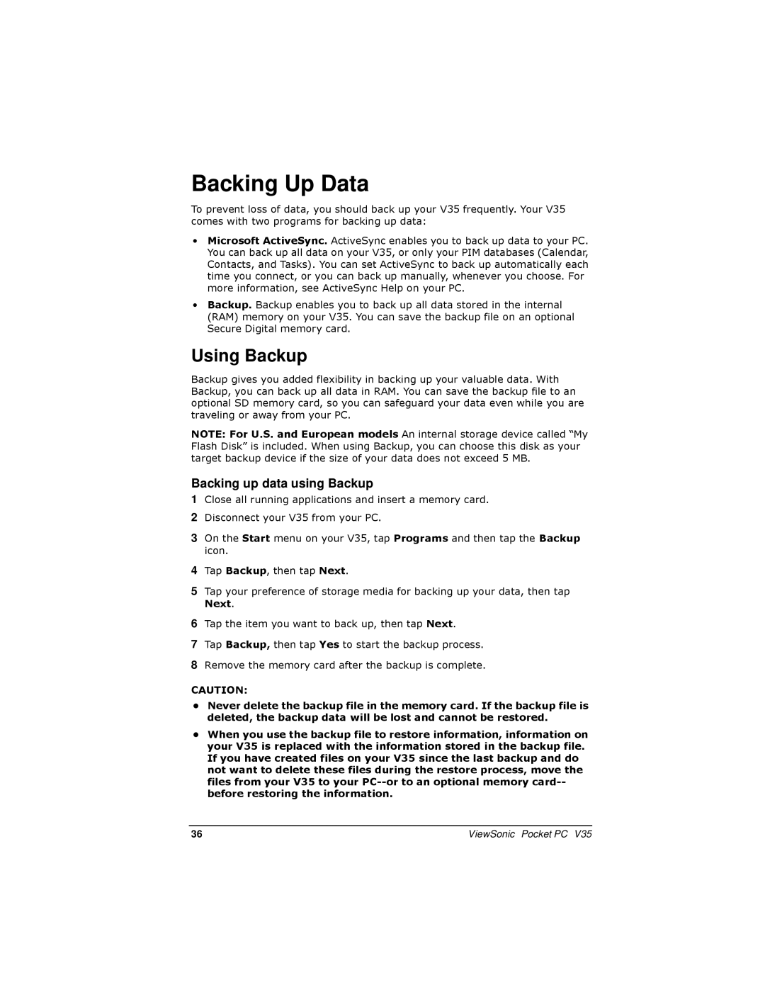 ViewSonic V35 manual Backing Up Data, Using Backup, Backing up data using Backup 