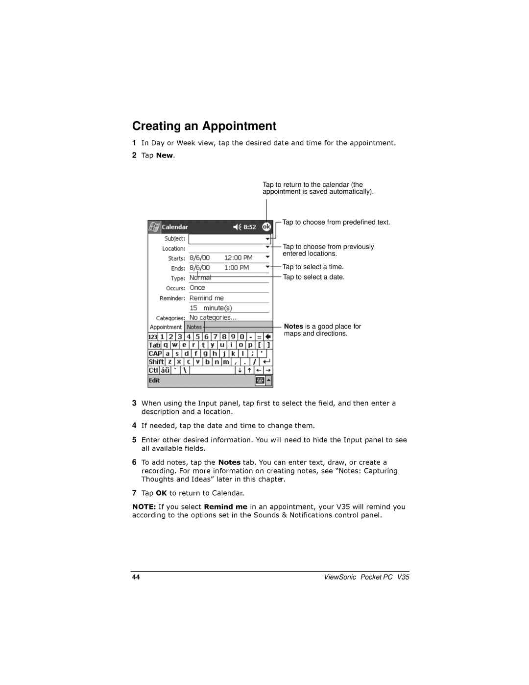 ViewSonic V35 manual Creating an Appointment 