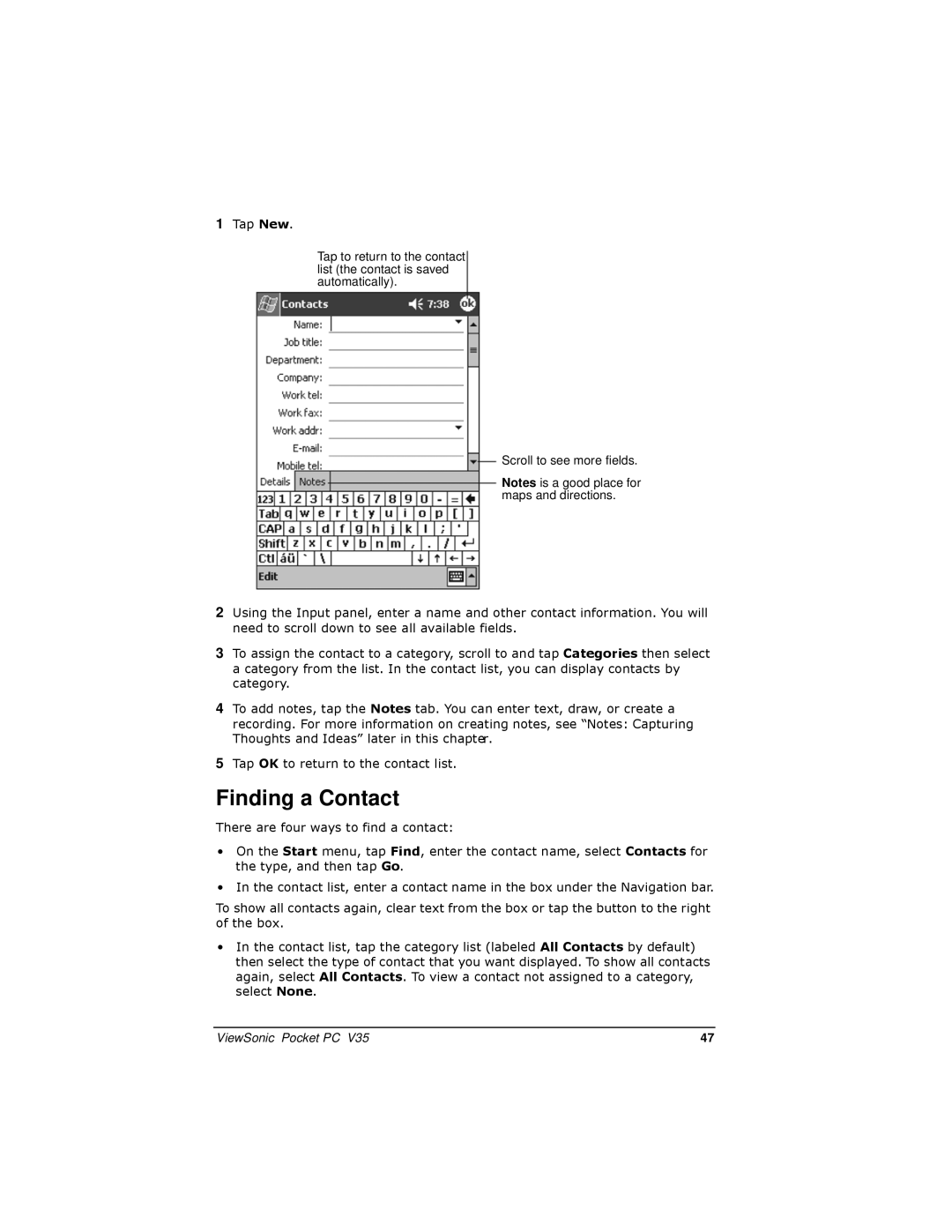 ViewSonic V35 manual Finding a Contact 