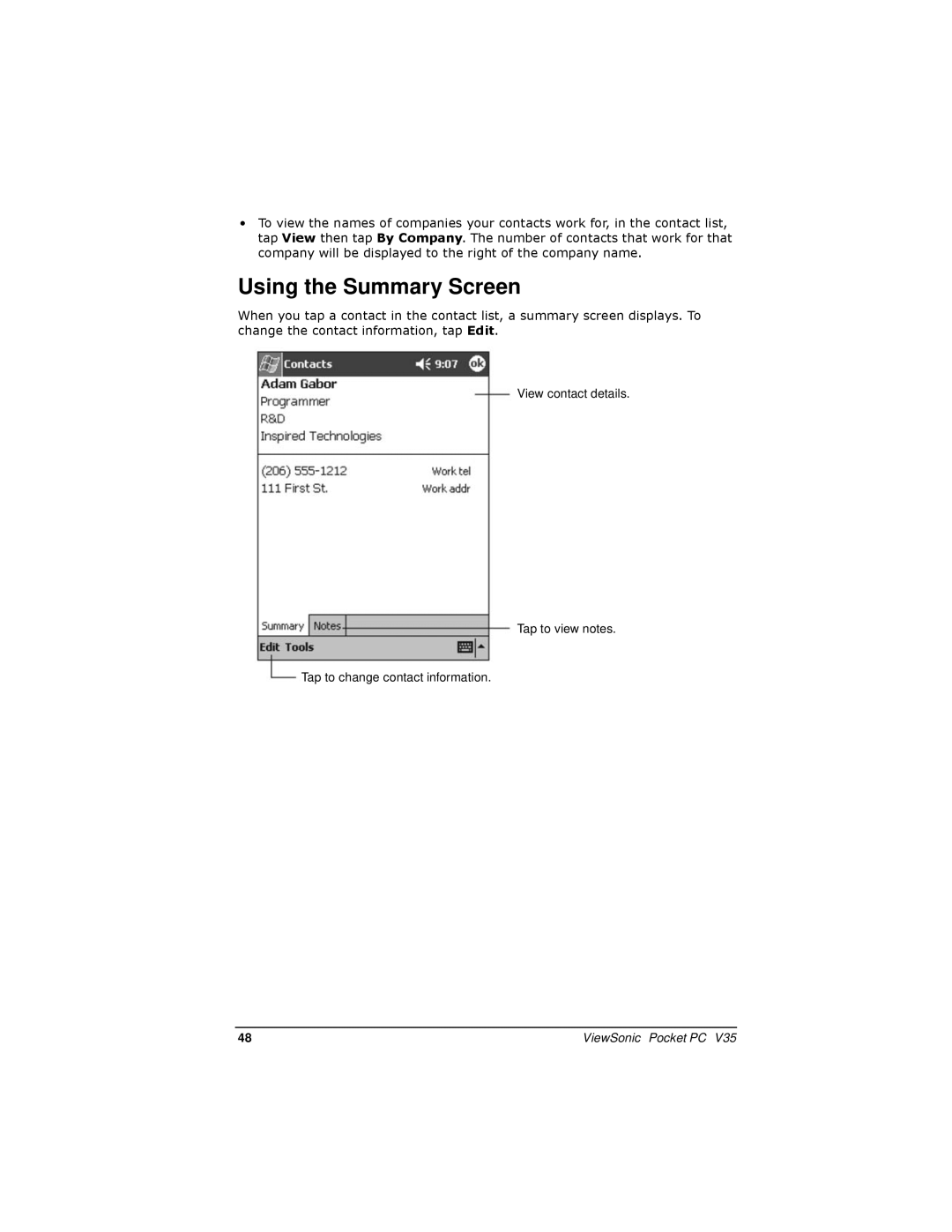 ViewSonic V35 manual Using the Summary Screen 