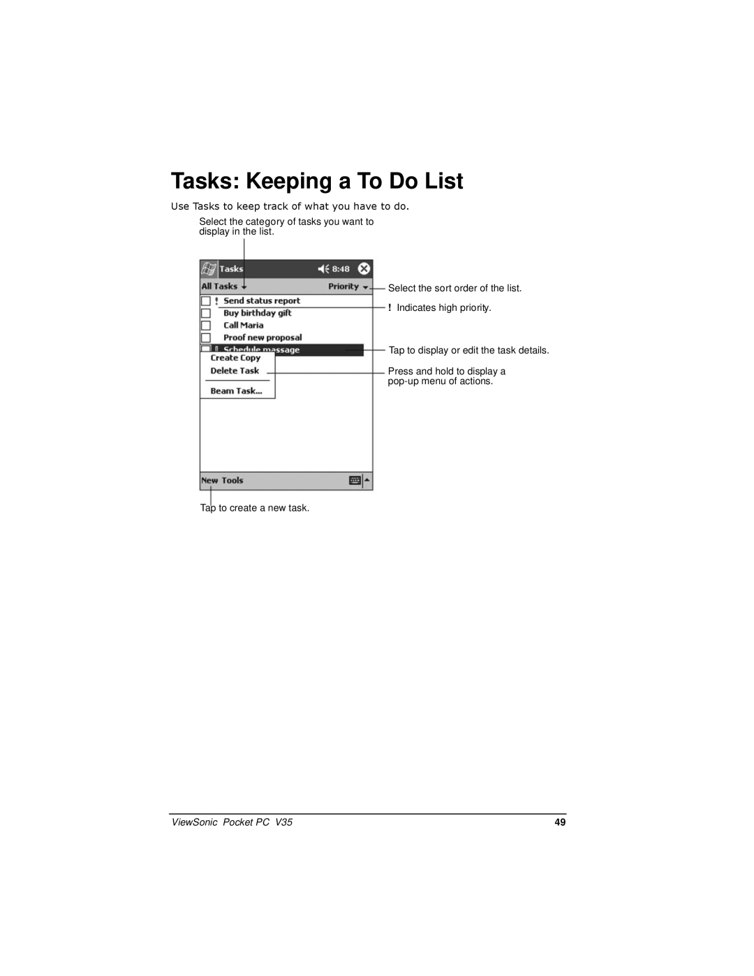 ViewSonic V35 manual Tasks Keeping a To Do List, Use Tasks to keep track of what you have to do 