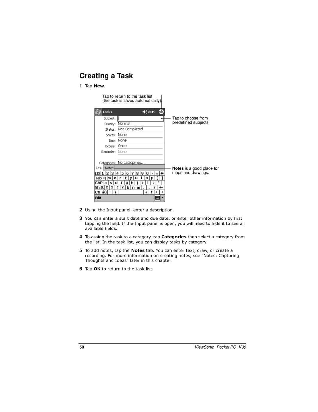 ViewSonic V35 manual Creating a Task 