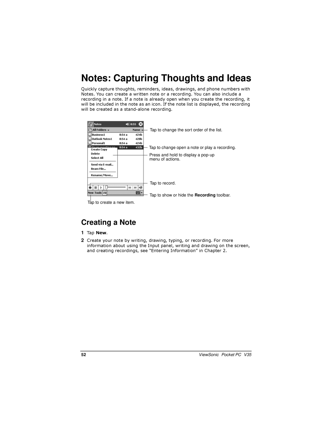 ViewSonic V35 manual Creating a Note 