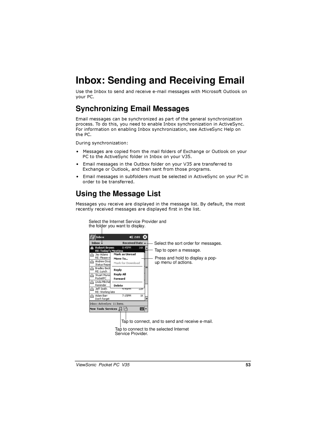 ViewSonic V35 manual Inbox Sending and Receiving Email, Synchronizing Email Messages, Using the Message List 