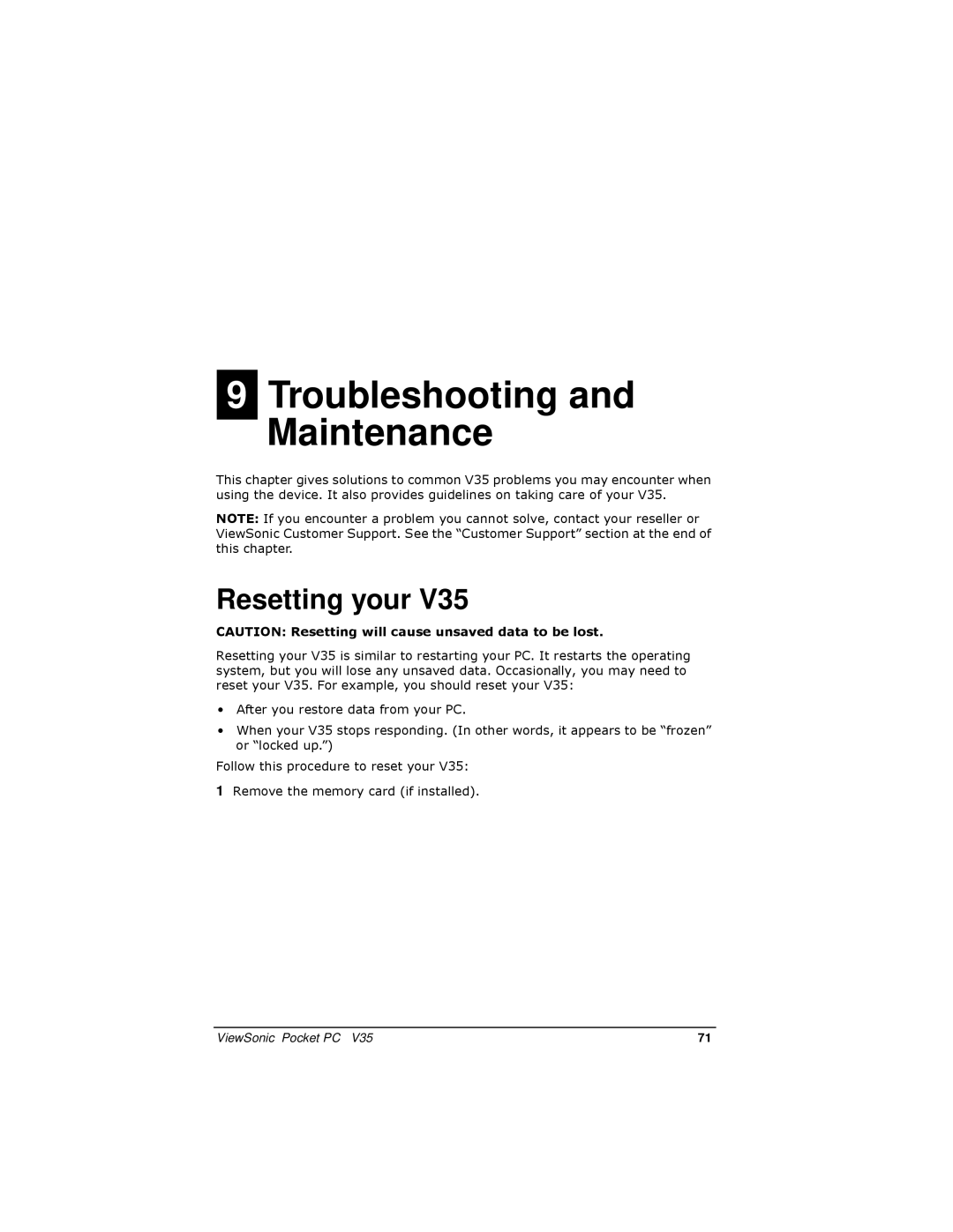 ViewSonic V35 manual Troubleshooting and Maintenance, Resetting your 