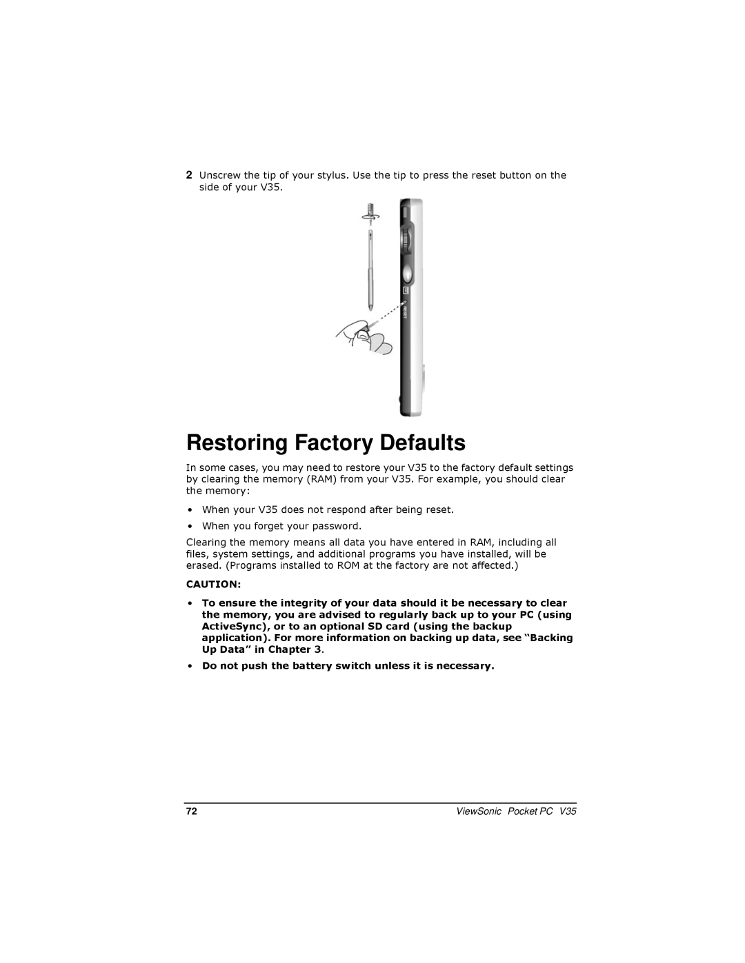 ViewSonic V35 manual Restoring Factory Defaults 