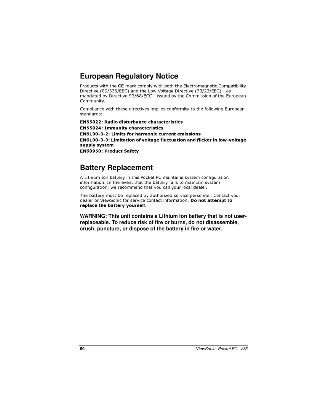 ViewSonic V35 manual European Regulatory Notice, Battery Replacement 