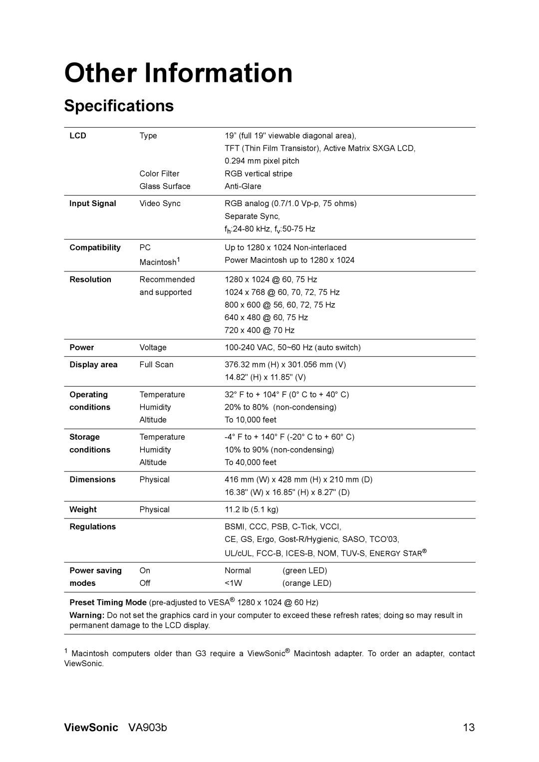 ViewSonic V903b manual Other Information, Specifications 