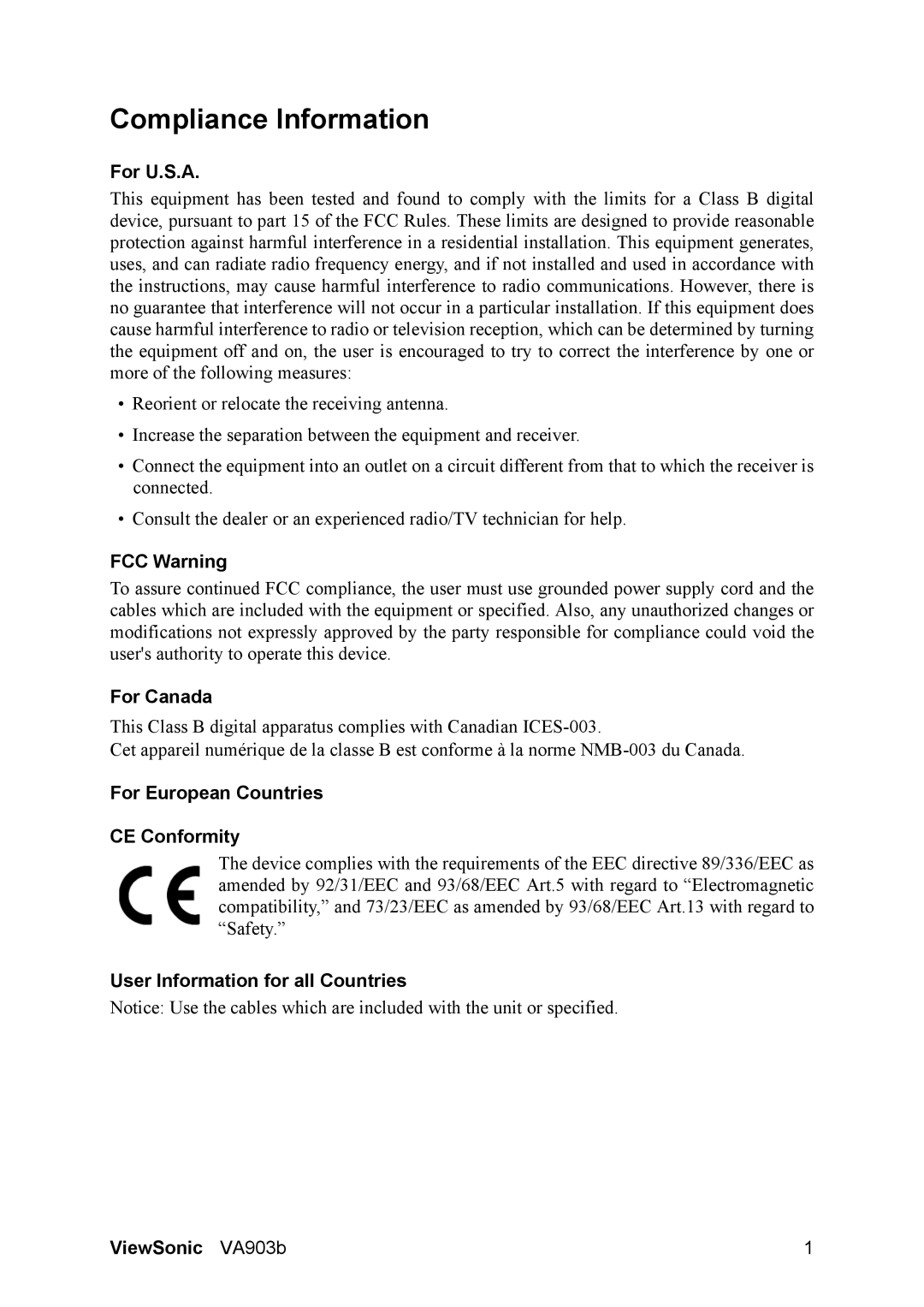 ViewSonic V903b manual Compliance Information 