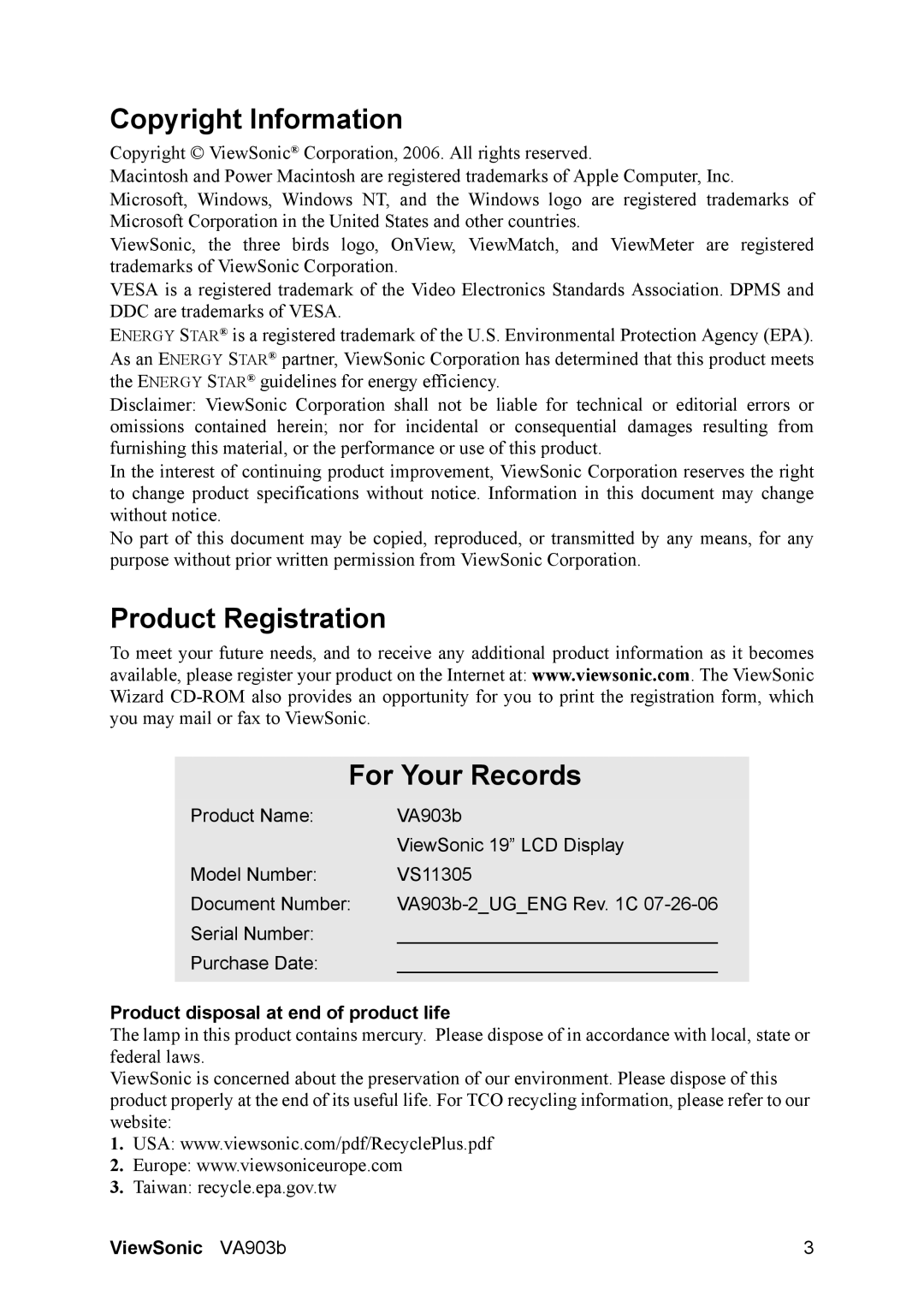 ViewSonic V903b Copyright Information, Product Registration For Your Records, Product disposal at end of product life 