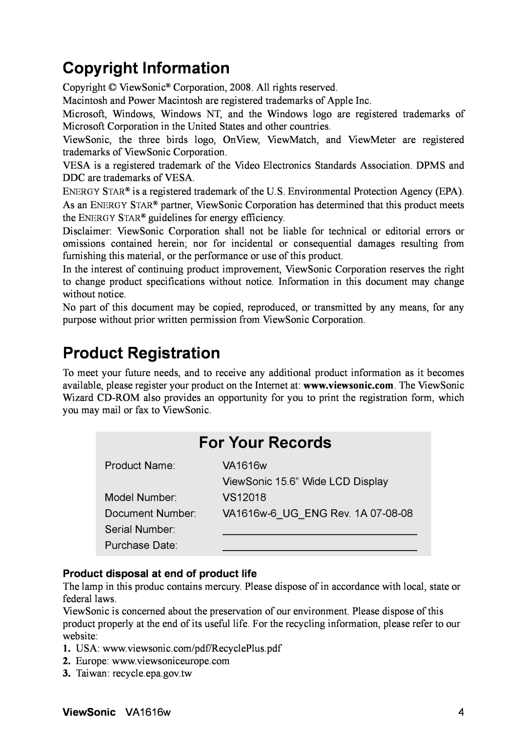 ViewSonic VA1616W Copyright Information, Product Registration, For Your Records, Product disposal at end of product life 