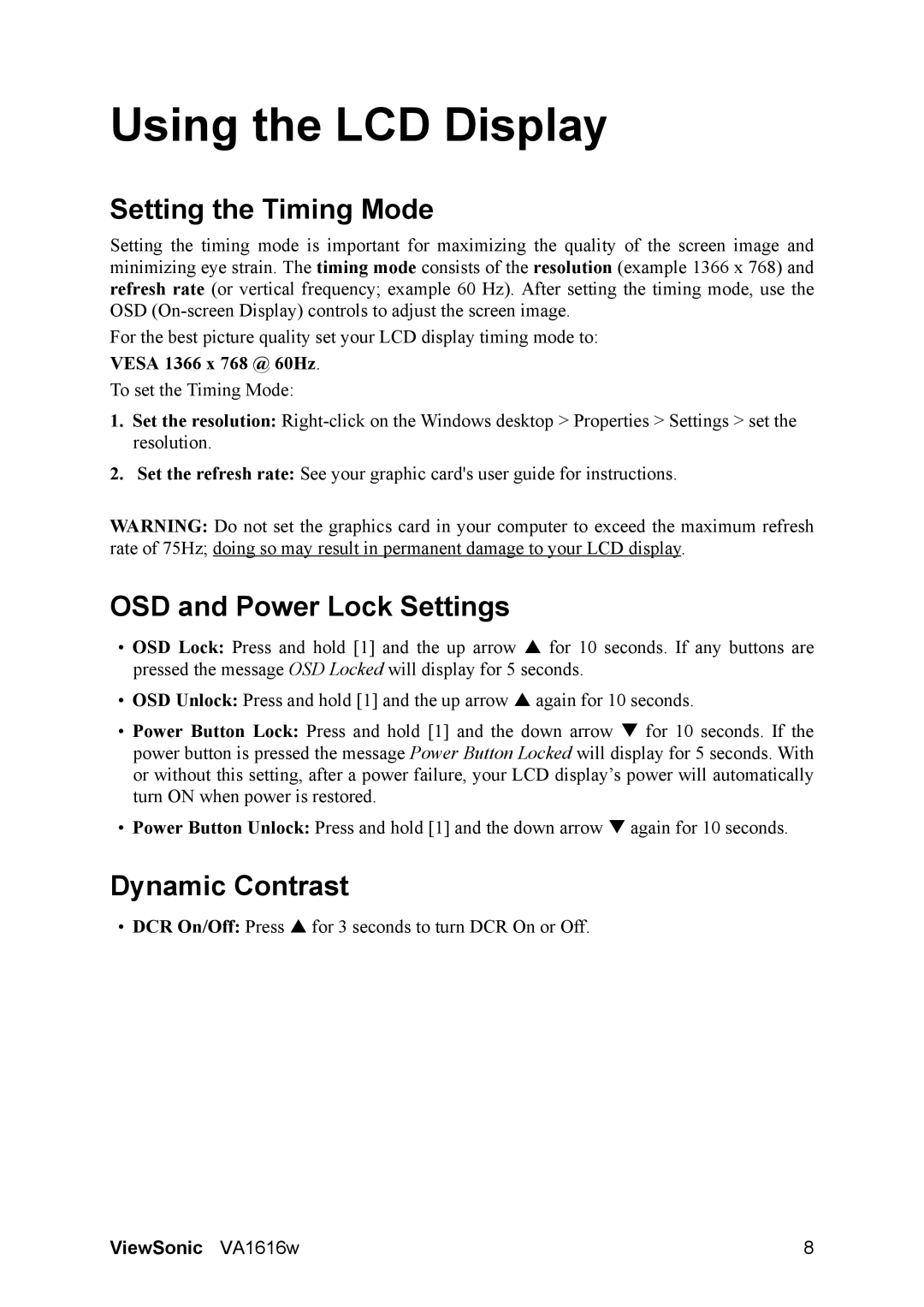 ViewSonic VA1616W warranty Setting the Timing Mode, OSD and Power Lock Settings, Dynamic Contrast 