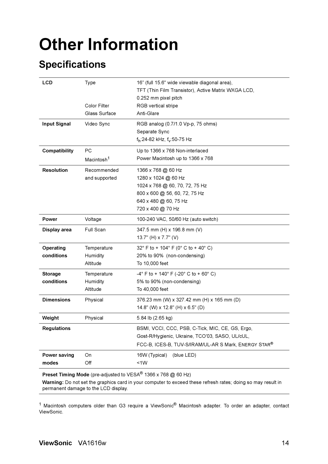 ViewSonic VA1616W warranty Other Information, Specifications 