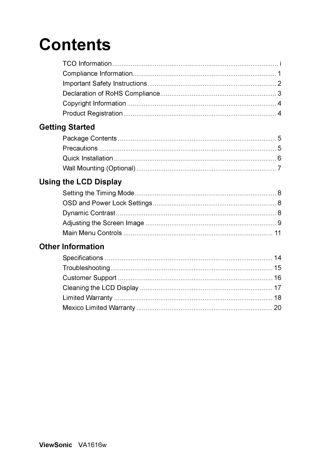 ViewSonic VA1616W warranty Contents 