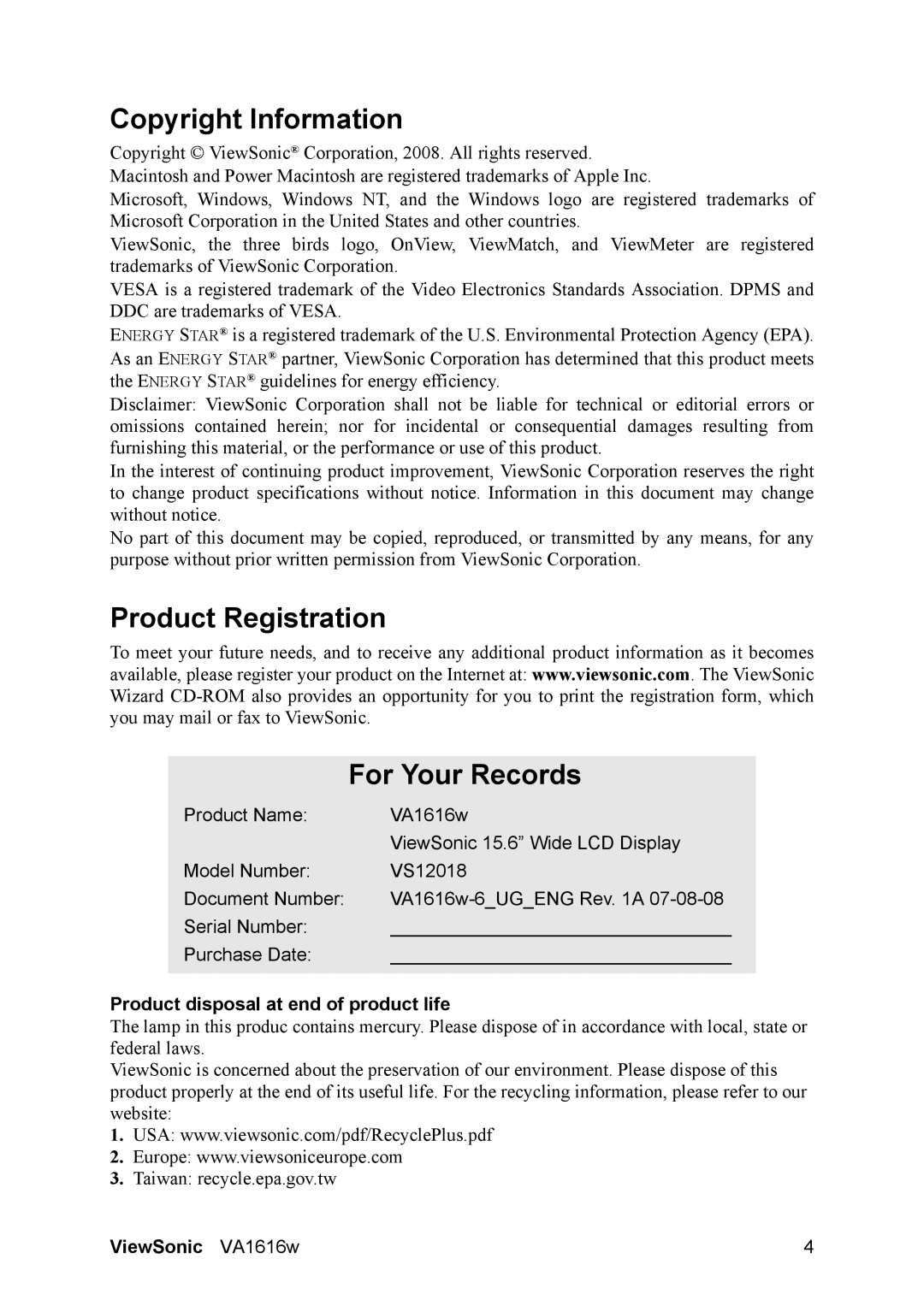 ViewSonic VA1616W Copyright Information, Product Registration For Your Records, Product disposal at end of product life 