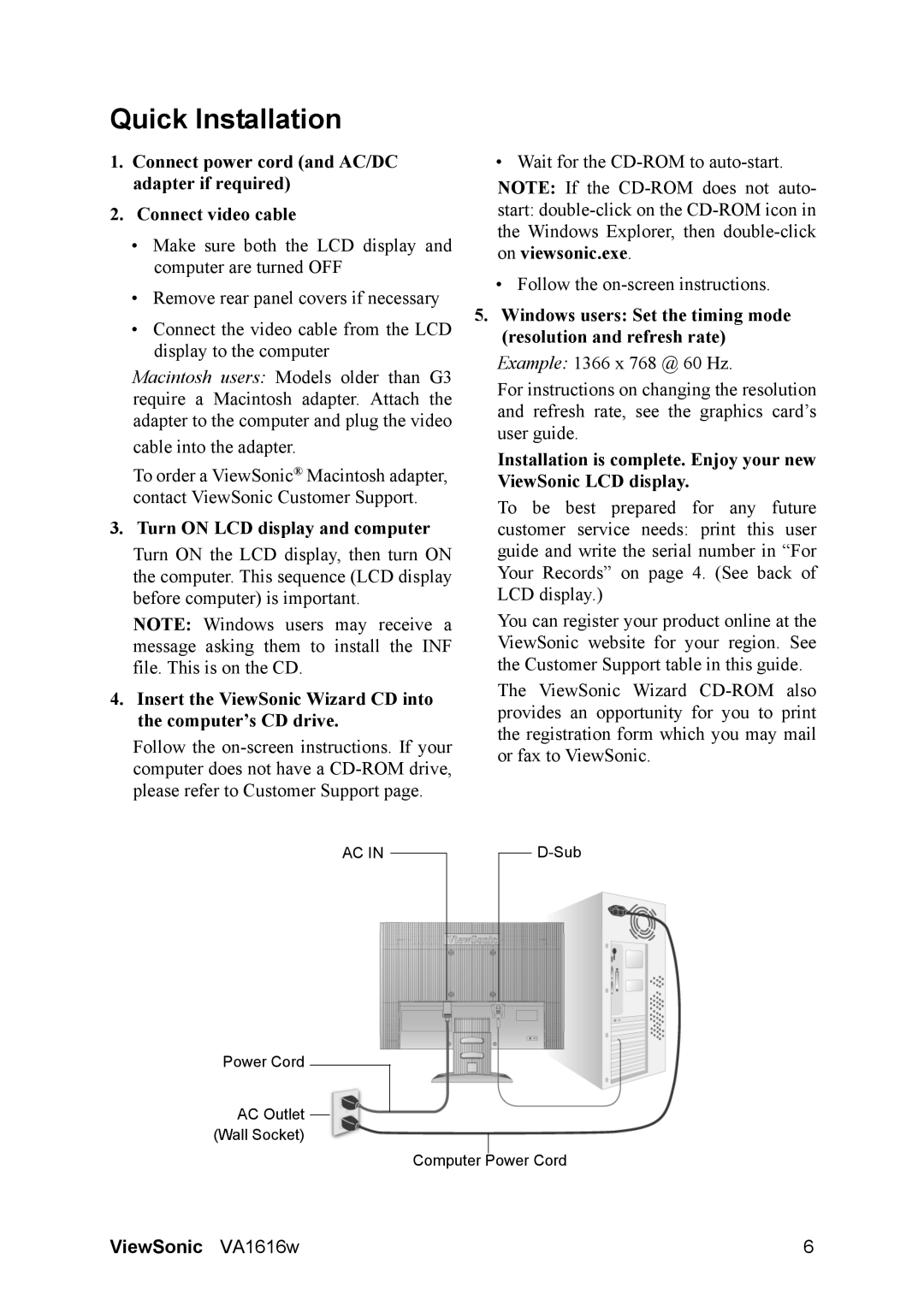 ViewSonic VA1616W warranty Quick Installation, Turn on LCD display and computer 