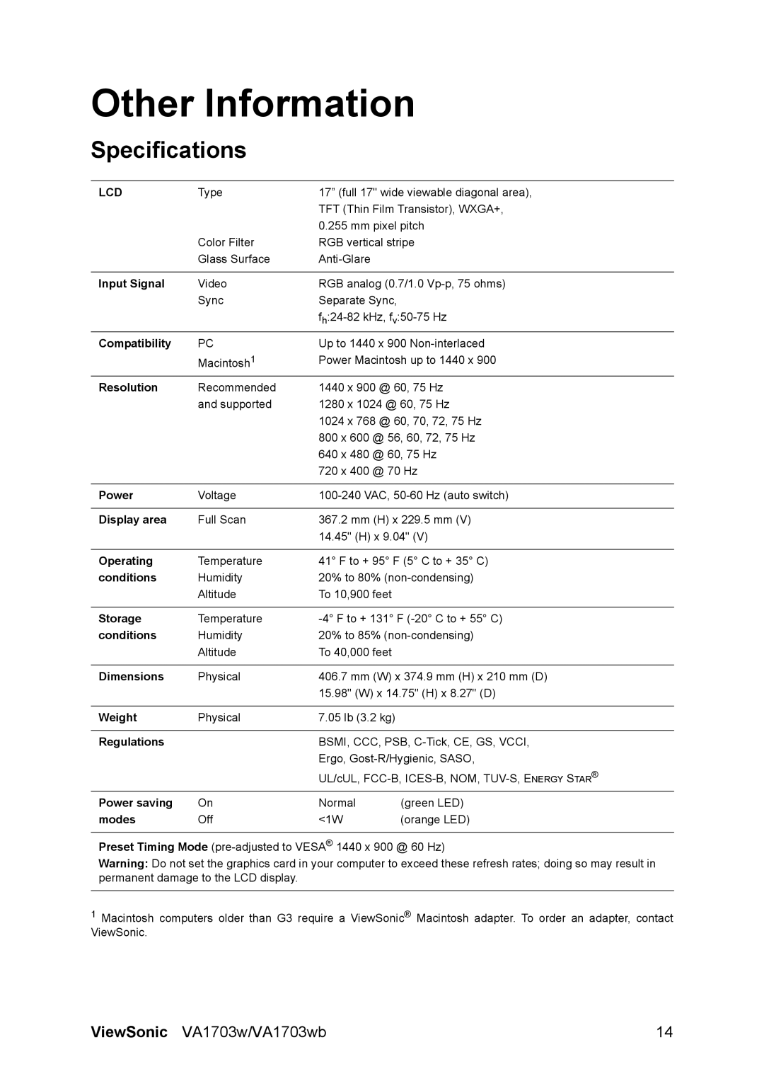 ViewSonic VA1703w-2 manual Other Information, Specifications 