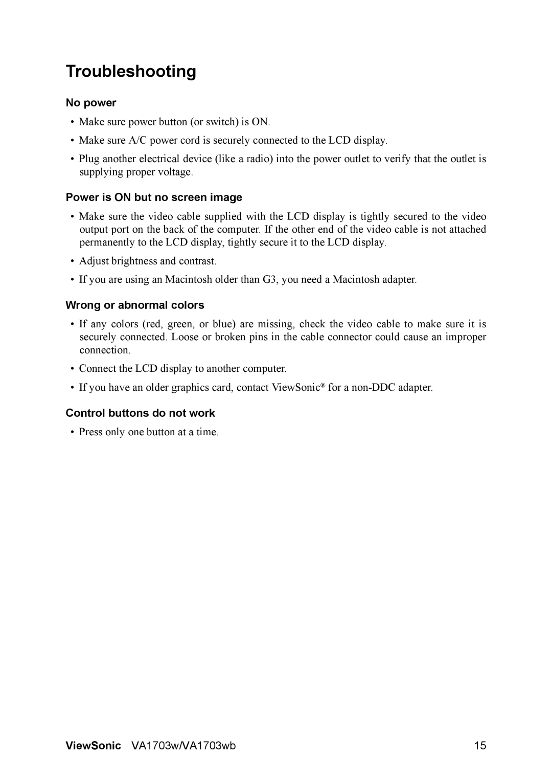 ViewSonic VA1703w-2 manual Troubleshooting, No power, Power is on but no screen image, Wrong or abnormal colors 