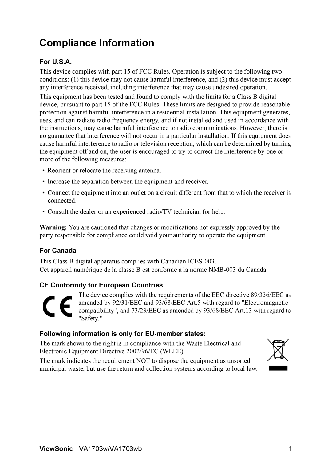 ViewSonic VA1703w-2 manual Compliance Information, For U.S.A, For Canada, CE Conformity for European Countries 