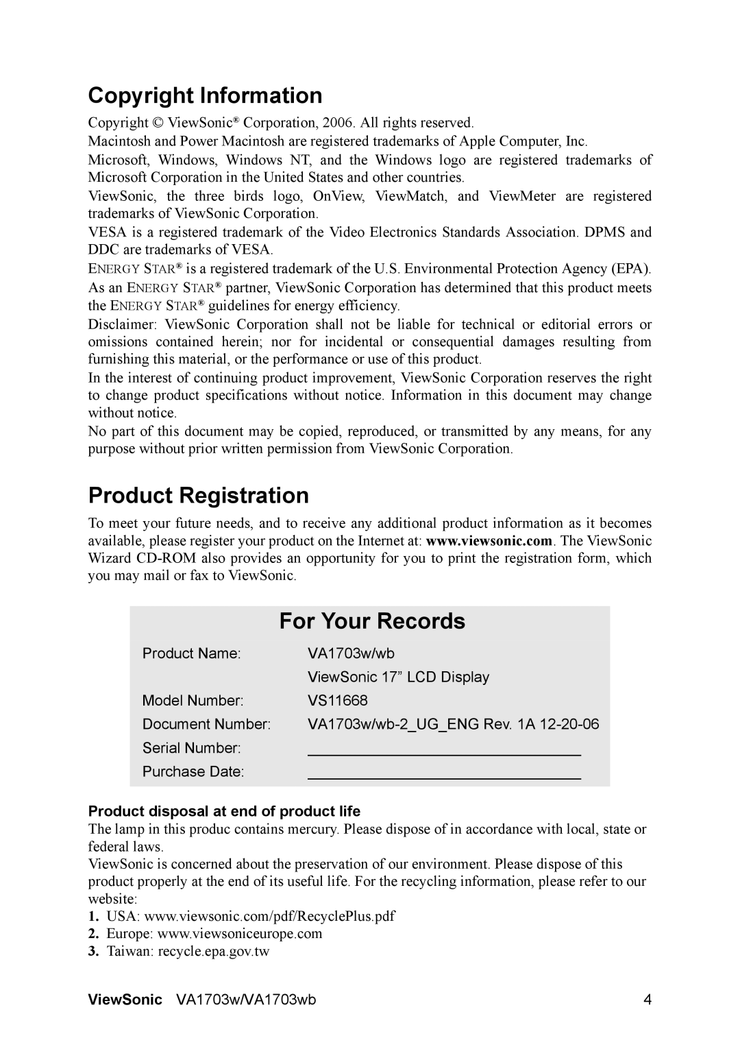 ViewSonic VA1703w-2 Copyright Information, Product Registration For Your Records, Product disposal at end of product life 