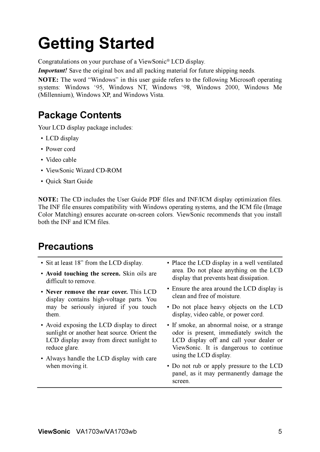 ViewSonic VA1703w-2 manual Getting Started, Package Contents, Precautions 