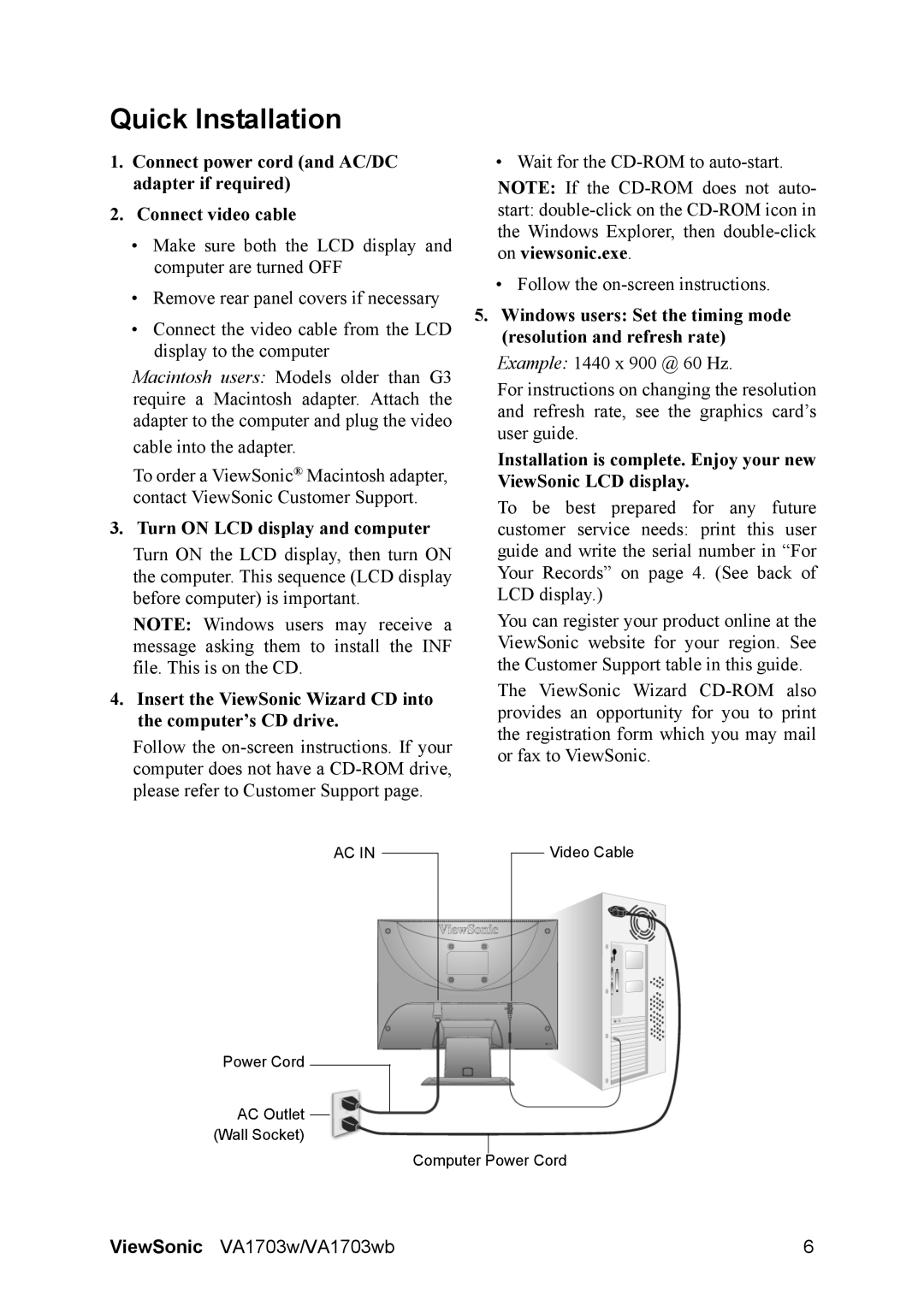 ViewSonic VA1703w-2 manual Quick Installation, Turn on LCD display and computer 