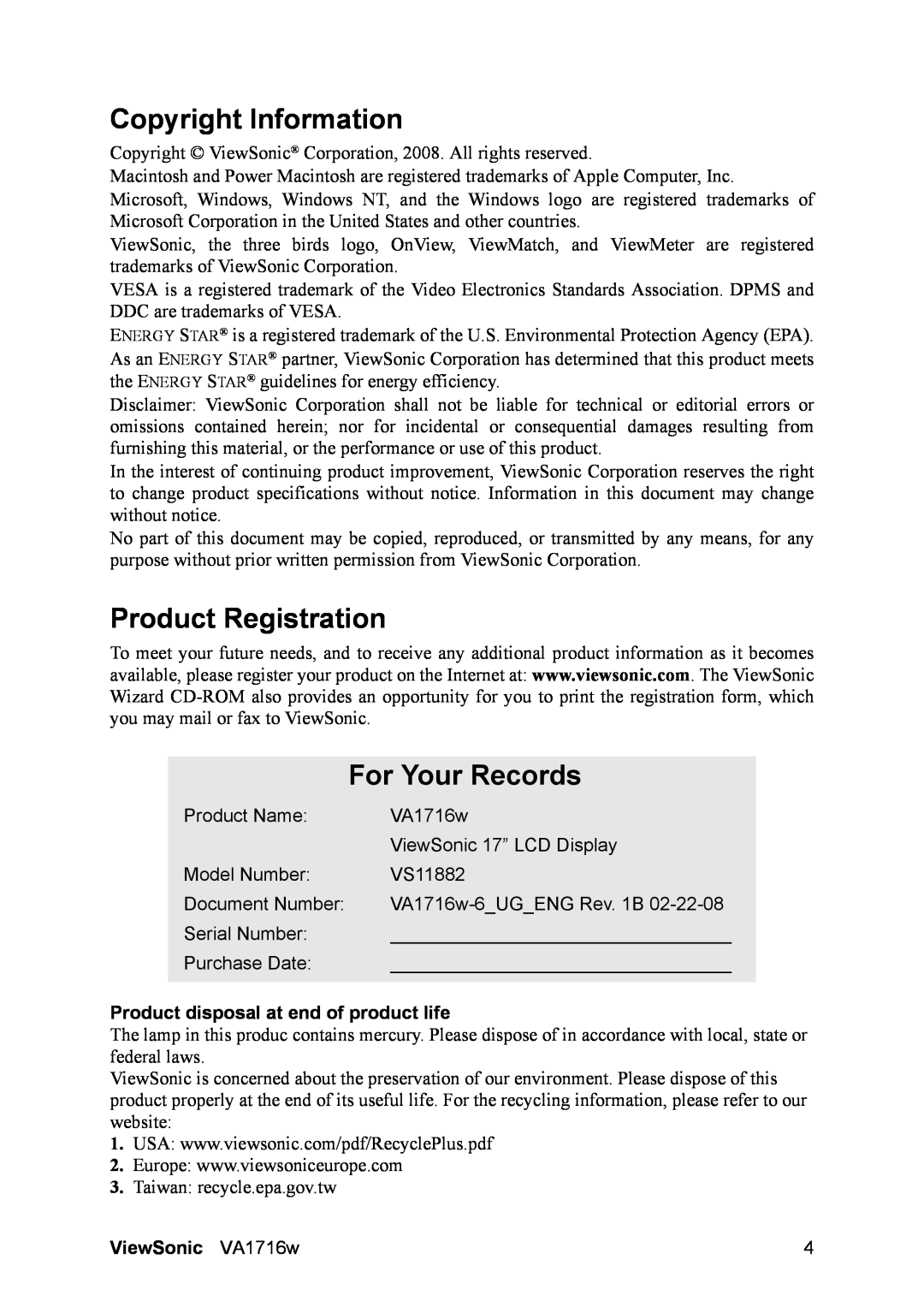ViewSonic VA1716w Copyright Information, Product Registration, For Your Records, Product disposal at end of product life 