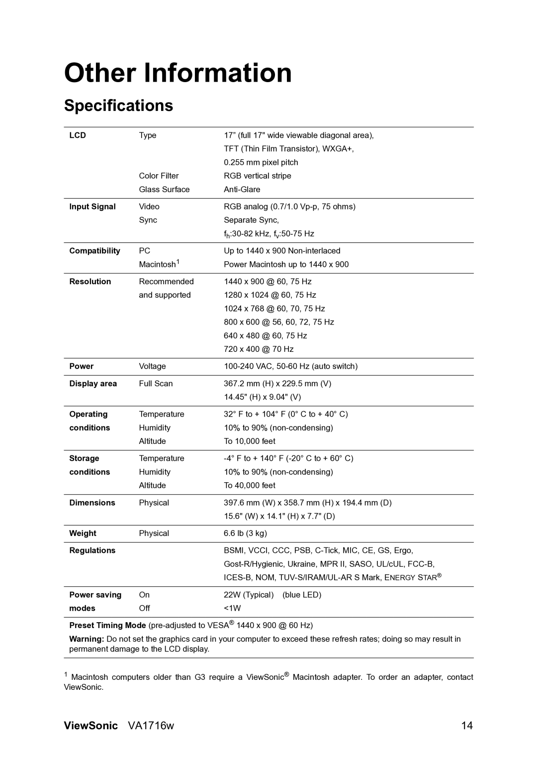 ViewSonic VA1716w, VS11882 warranty Other Information, Specifications 